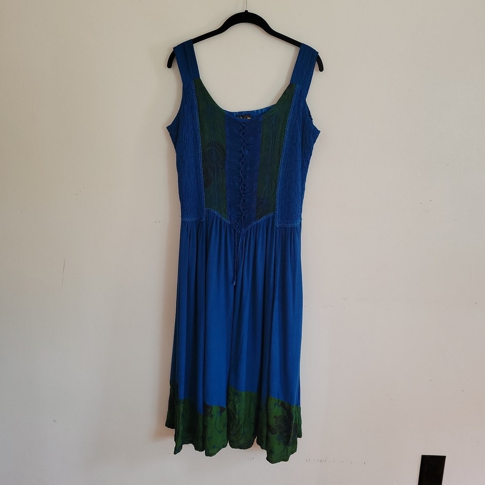 Coline Renaissance Corset Style Midi Dress Large Blue Boho Cottagecore Fairycore